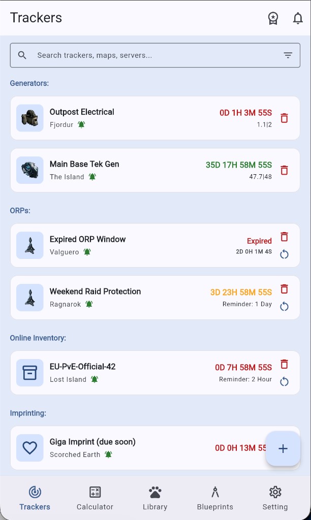 ArkMate Trackers: generators, ORPs, inventory, and imprint countdowns with notification bells